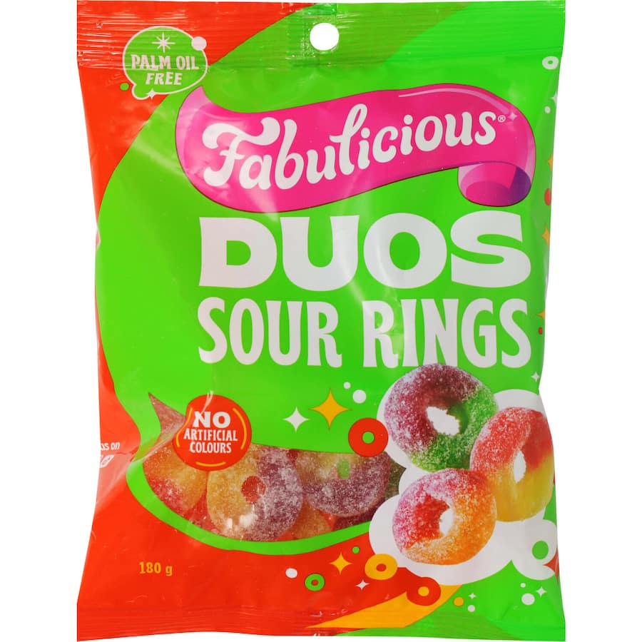 Colorful sour gummy rings in Raspberry, Pineapple, Blackcurrant, Orange, and Watermelon flavors for a delicious sweet treat.