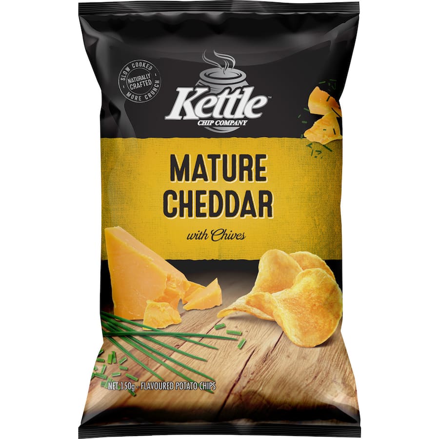 Kettle chips featuring mature cheddar and chives, offering a crunchy, gluten-free snack with rich flavor and artisanal quality.