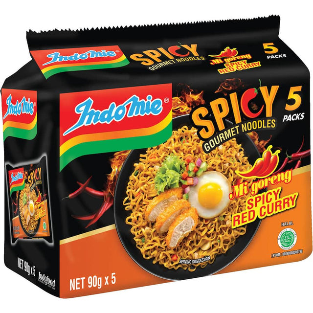 Indomie Mi Goreng Spicy Red Curry Mult-Pack featuring thicker noodles and rich curry flavor for quick, delicious meals.