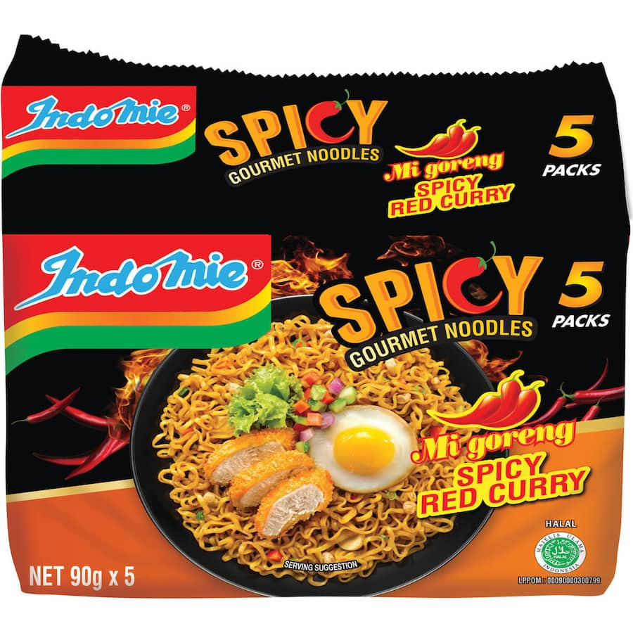 Indomie Mi Goreng Spicy Red Curry multi-pack featuring thick noodles and zesty red curry sauce for savory, quick meals.