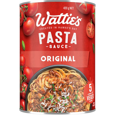 A can of Wattie's Original Pasta Sauce, perfect for Bolognese and lasagne, packed with 5 servings of veggies and no preservatives.