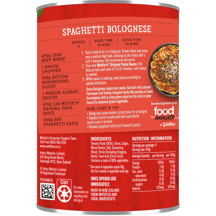 Wattie's Original Pasta Sauce in a can, packed with 5 serves of vegetables, perfect for quick Italian dishes.