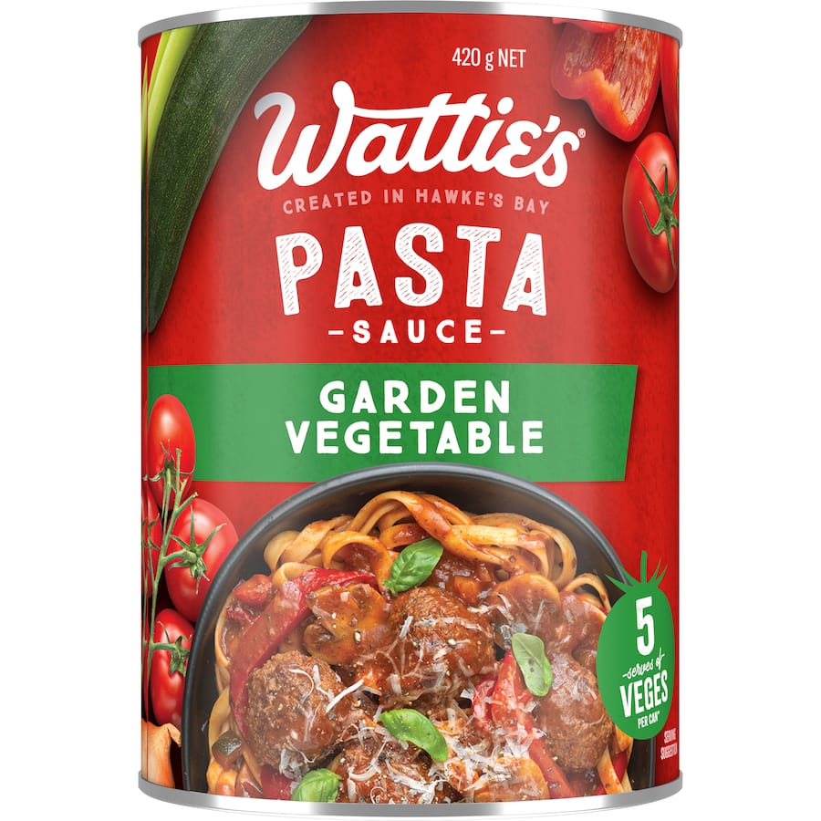 Image of Wattie's Pasta Sauce Garden Vegetable, featuring a vibrant blend of vegetables for nutritious and flavorful meals.