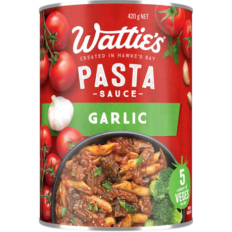 Wattie's Garlic Pasta Sauce in a can, featuring rich flavor, no artificial additives, and 5 servings of vegetables per can.