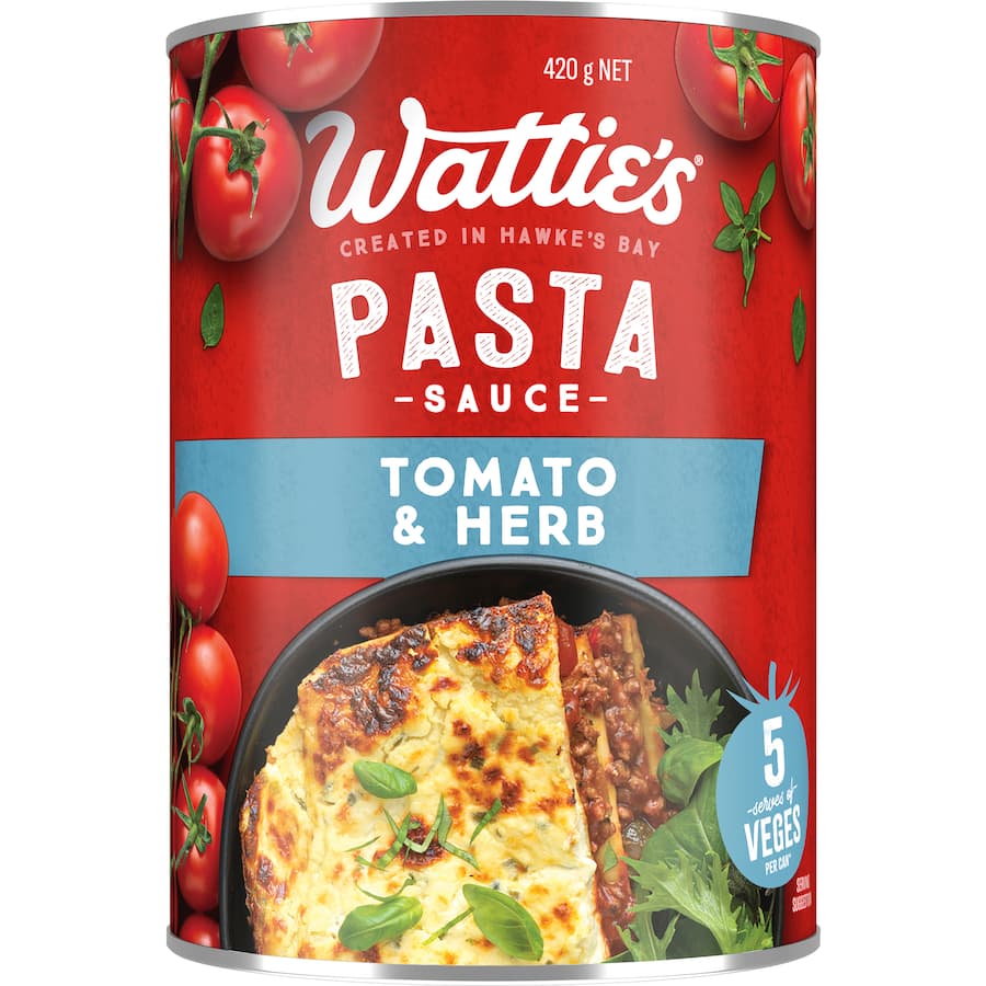 Wattie's Tomato & Herb Pasta Sauce; a flavorful, all-natural sauce ideal for pasta dishes, lasagne, and Bolognese with 5 vegetable serves.