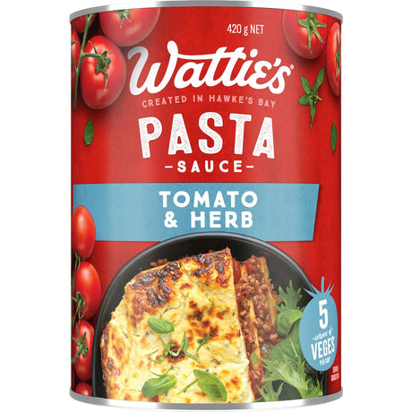 Wattie's Tomato & Herb Pasta Sauce; a flavorful, all-natural sauce ideal for pasta dishes, lasagne, and Bolognese with 5 vegetable serves.