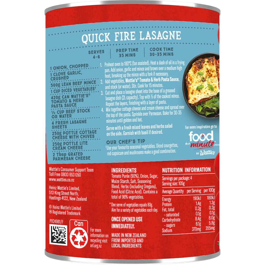 Wattie's Tomato & Herb Pasta Sauce in a can, perfect for lasagne and Bolognese, with no artificial additives and 5 veggie servings.