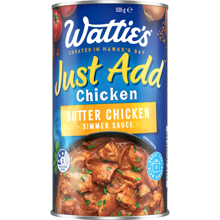 A jar of Wattie's Just Add Simmer Sauce Butter Chicken, featuring a rich tomato base and Indian spices for easy weeknight meals.