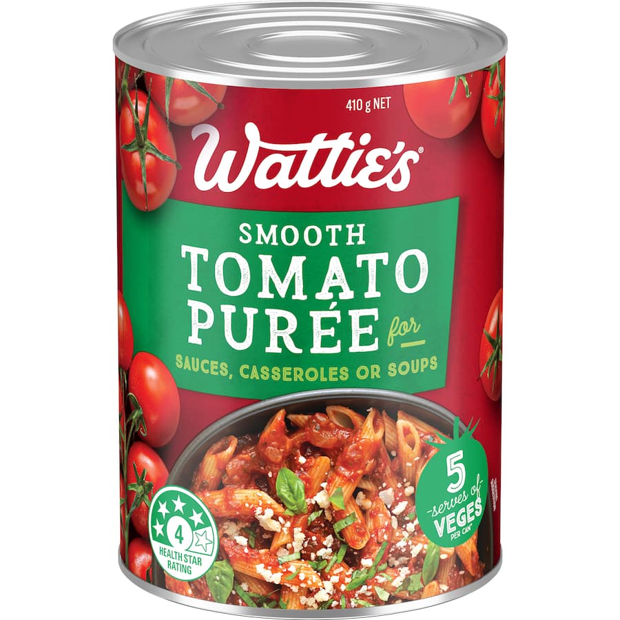 Wattie's Tomato Puree can, perfect for sauces, casseroles, and soups, offers rich flavor with no added preservatives or colors.