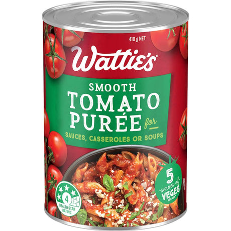 Wattie's Tomato Puree can, perfect for sauces, casseroles, and soups, offers rich flavor with no added preservatives or colors.