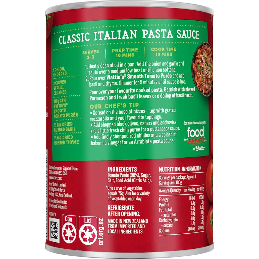 Wattie's Tomato Puree can for sauces, casseroles, and soups, offering rich flavor and five servings of vegetables per can.