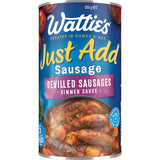 A jar of Wattie's Just Add Simmer Sauce for Devilled Sausages, perfect for quick and flavorful family dinners.