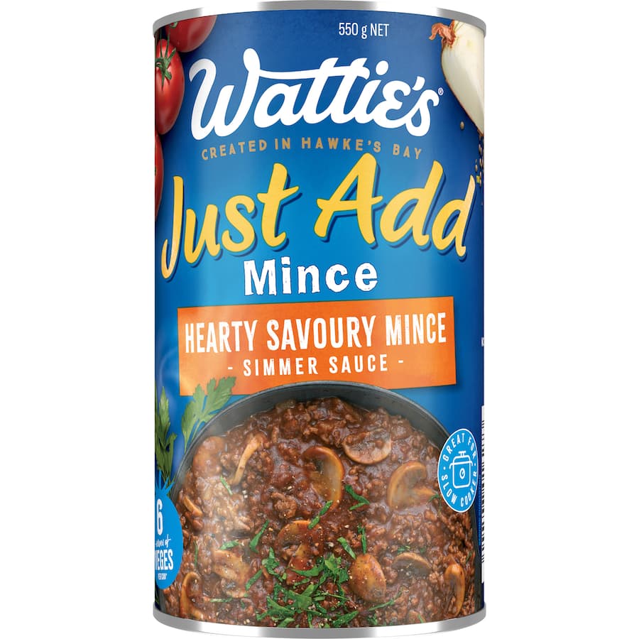 A can of Wattie's Hearty Savoury Mince Sauce, featuring 6 servings of vegetables for easy, delicious meals.