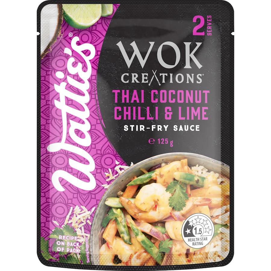 Wattie's Thai Coconut Chilli & Lime Stir-Fry Sauce, showcasing coconut, lime, and chilli, perfect for quick, flavorful meals.