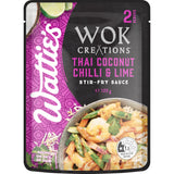 Wattie's Thai Coconut Chilli & Lime Stir-Fry Sauce, showcasing coconut, lime, and chilli, perfect for quick, flavorful meals.