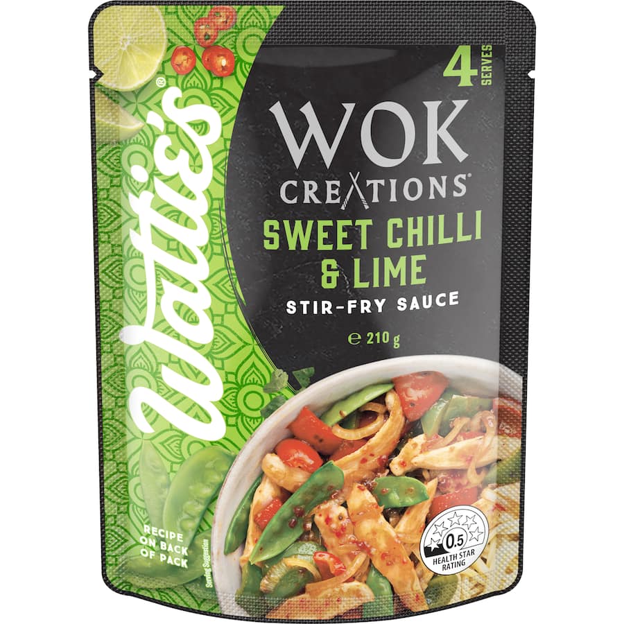 Wattie's Sweet Chilli & Lime Stir-Fry Sauce, perfect for easy meals with chicken, prawns, or tofu, with no added colors.