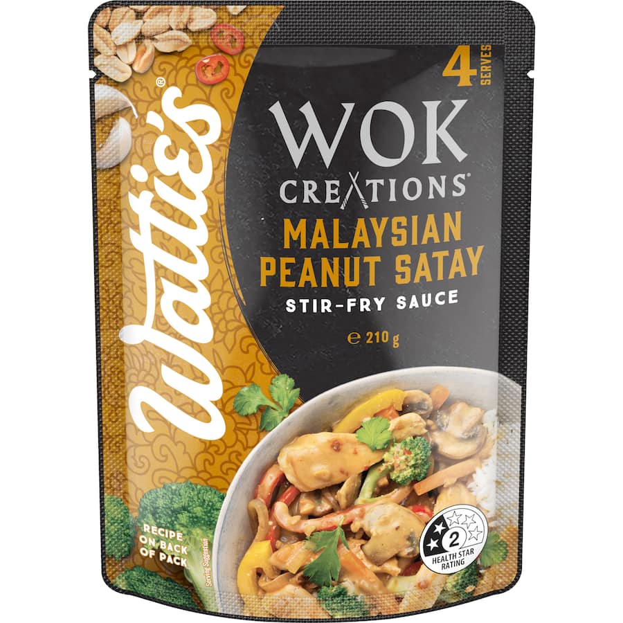 Wattie's Wok Creations Malaysian Peanut Satay Stir-fry Sauce, an authentic blend for delicious stir-fries and dipping sauces.