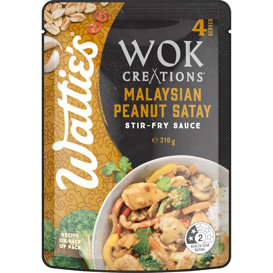 Wattie's Wok Creations Malaysian Peanut Satay Sauce, perfect for stir-fries and dipping, made with quality ingredients.