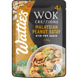 Wattie's Wok Creations Malaysian Peanut Satay Sauce, perfect for stir-fries and dipping, made with quality ingredients.