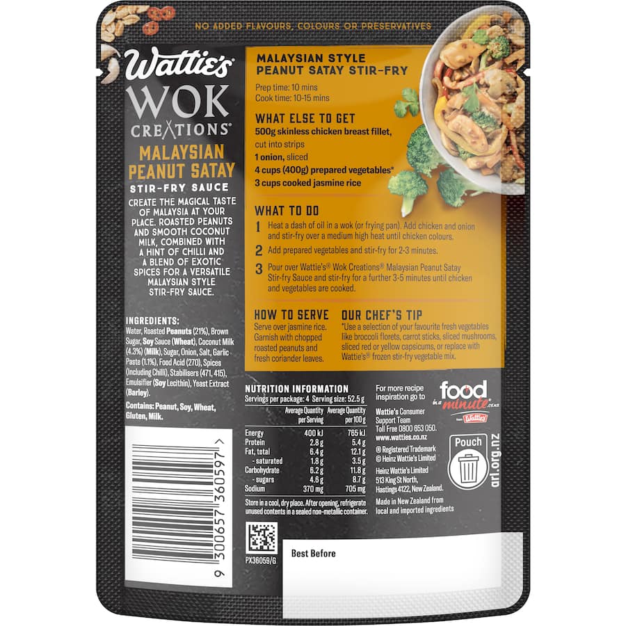 Wattie's Wok Creations Malaysian Peanut Satay Stir-fry Sauce in a jar, featuring an authentic mix for delicious stir-fries and dips.