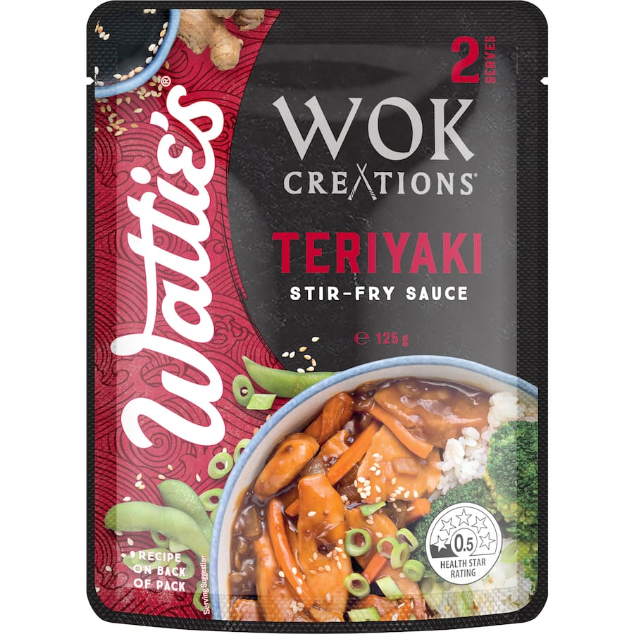 Wattie's Wok Creations Teriyaki Stir-fry Sauce, featuring rich soy, sesame, ginger, and garlic flavors for quick, delicious meals.