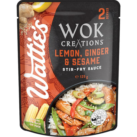 Wattie's Wok Creations Lemon, Ginger & Sesame Stir-fry Sauce bottle showcasing vibrant flavors for quick, flavorful meals.