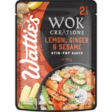 Wattie's Wok Creations stir-fry sauce featuring lemon, ginger, and sesame for quick, flavorful weeknight meals.