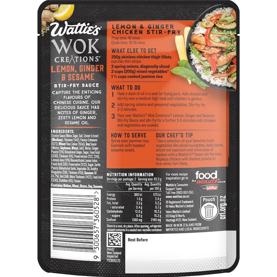 Wattie's Wok Creations Lemon, Ginger & Sesame Stir-fry Sauce, perfect for quick, flavorful dinners with chicken, veggies, or tofu.