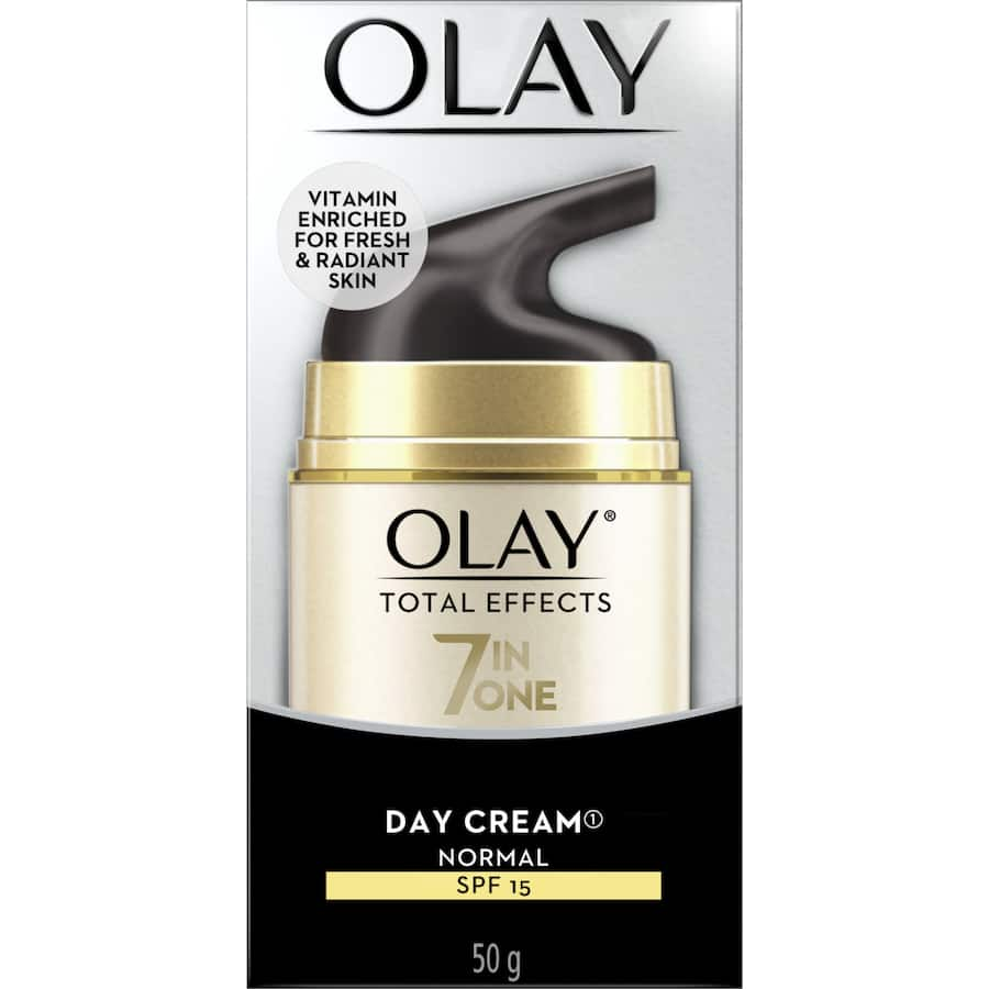 Olay Total Effects Face Cream for normal skin, SPF 15, offers hydration, anti-aging benefits, and sun protection in a lightweight formula.