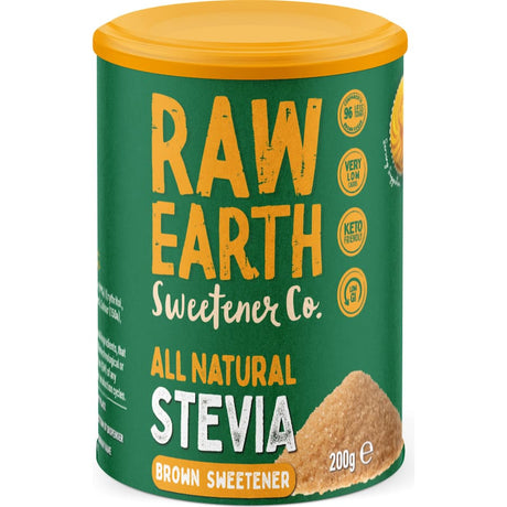 Raw Earth Stevia Brown Sweetener in eco-friendly packaging, a low-calorie alternative to sugar for healthy baking and beverages.