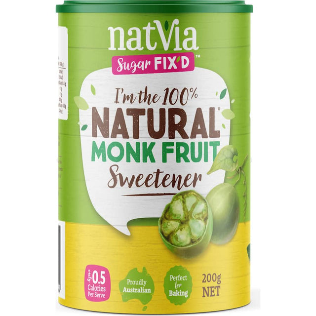 Natvia Monk Fruit White Sweetener, a calorie-free sugar substitute ideal for baking and beverages, promoting guilt-free sweetness.