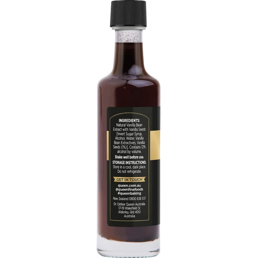 Queen Vanilla Extract with Seeds, premium vanilla flavor for gourmet baking, featuring real seeds for aroma and visual appeal.