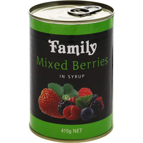 A can of Family Mixed Berries in Syrup featuring strawberries, blackberries, blueberries, and raspberries in rich syrup.