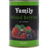 Assorted mixed berries in syrup, including strawberries, blackberries, blueberries, and raspberries, perfect for any meal.