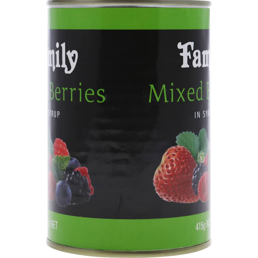 A vibrant mix of strawberries, blackberries, blueberries, and raspberries in syrup, perfect for snacks, baking, or breakfast.