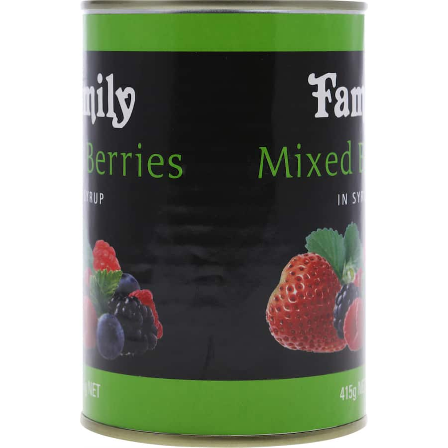 Family Mixed Berries in Syrup featuring strawberries, blackberries, blueberries, and raspberries in a sweet syrup, ideal for pantry use.