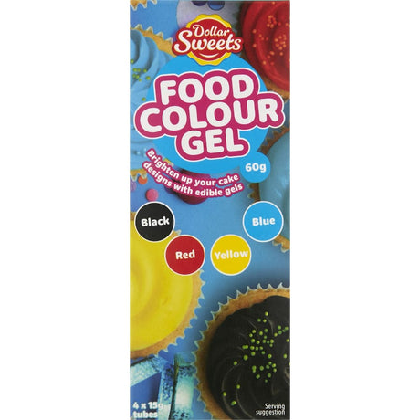 Vibrant Dollar Sweets Colour Gels in yellow, blue, red, and black for creative cake and dessert decorating.