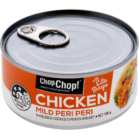 Chop Chop! Canned Chicken Mild Peri Peri, featuring premium chicken in mild peri peri sauce for quick and flavorful meals.