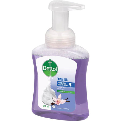 Dettol Hand Wash Foam Vanilla Orchid: Antibacterial foam, kills 99.9% of germs, gentle on skin with a delightful vanilla fragrance.
