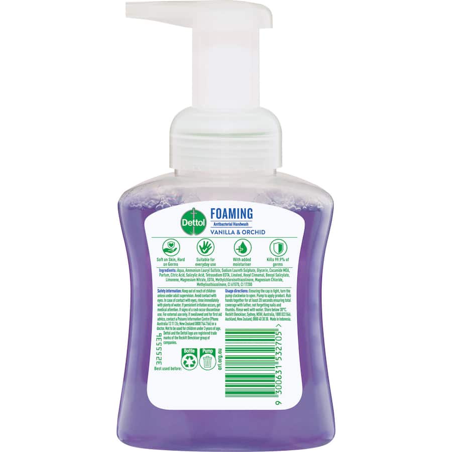 Dettol Hand Wash Foam Vanilla Orchid: Antibacterial foam with a soothing vanilla scent, gentle on skin and kills 99.9% of germs.