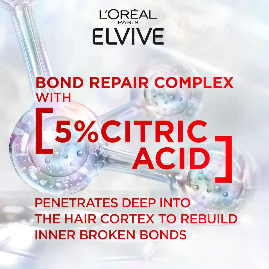 L'Oréal Elvive Bond Repair Shampoo revitalizes damaged hair with Citric Acid for strong, shiny, and manageable locks.