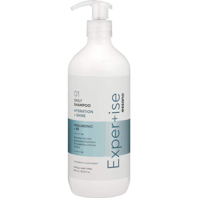 Hydration & Shine shampoo for dry hair, infused with Hyaluronic Acid and Vitamin B5 for moisture and vibrant softness.