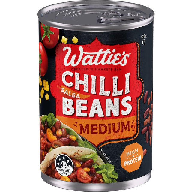 Wattie's Salsa Chilli Beans Medium, a nutritious Tex-Mex staple, packed with fiber and protein, perfect for enhancing meals.