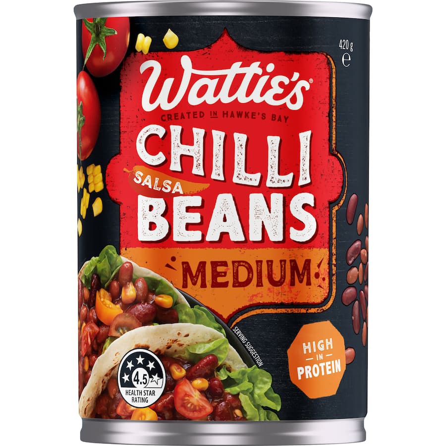 Wattie's Salsa Chilli Beans Medium can featuring zesty chili beans, high in protein, fiber, and perfect for Tex-Mex dishes.