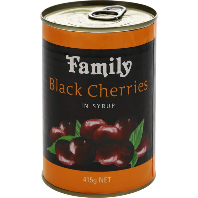 Luscious hand-picked black cherries in rich syrup, perfect for desserts, cocktails, or snacks; ideal for family gatherings.