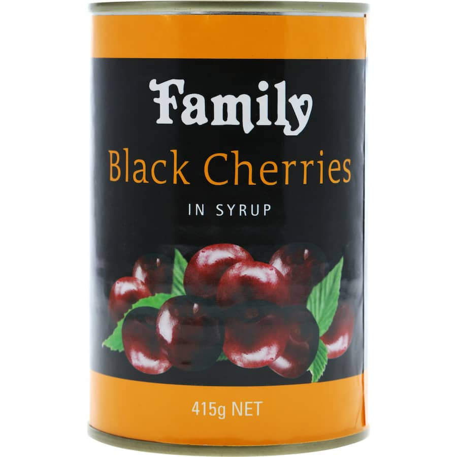 Luscious hand-picked black cherries in sweet syrup, perfect for desserts, breakfasts, and cocktails. Ideal for family enjoyment.