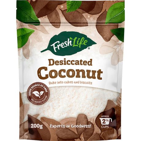 Freshlife Desiccated Coconut - finely shredded, sun-dried coconut perfect for healthy baking, cooking, and snacking.