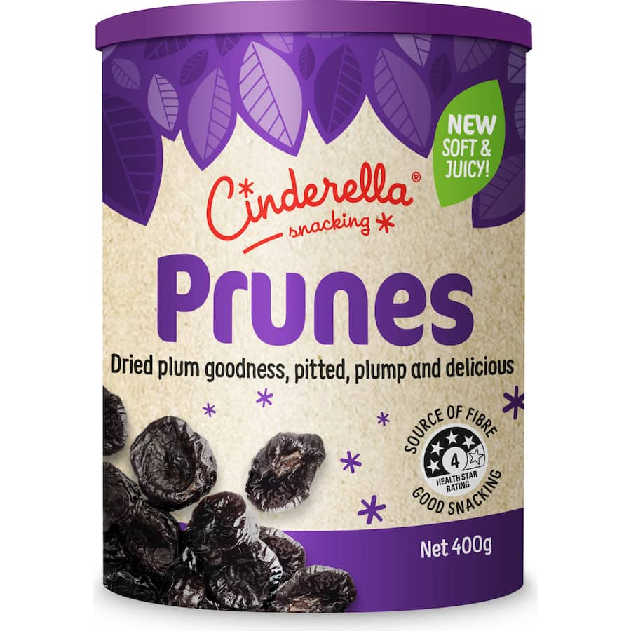 Cinderella Dried Prunes in a 400g canister, offering natural sweetness, fiber, and antioxidants for a healthy snack.