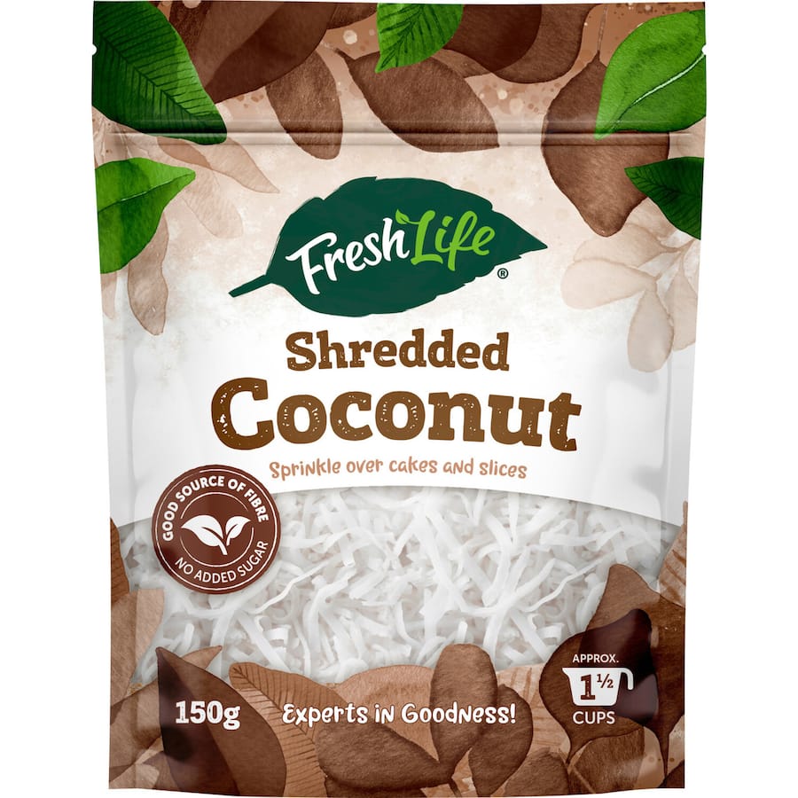 Freshlife Shredded Coconut: 100% organic, gluten-free, rich in fiber and MCTs, perfect for smoothies, baking, and toppings.