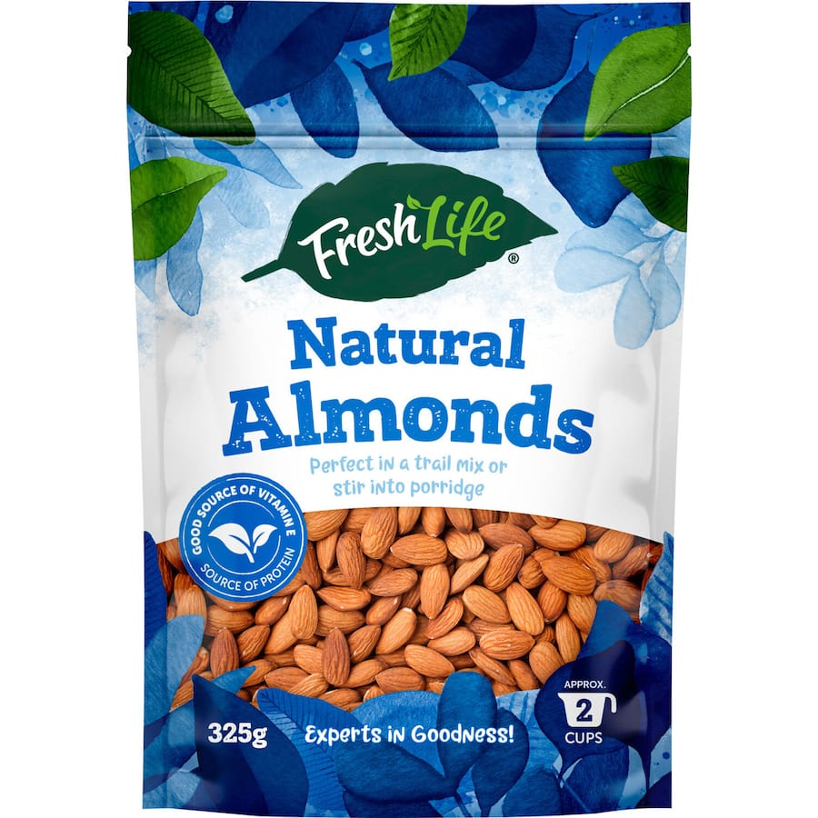 A pack of Freshlife Natural Almonds, showcasing crunchy and nutritious nuts rich in vitamin E and antioxidants.